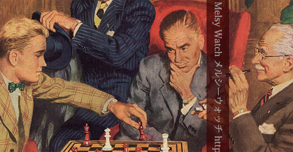 チェスをする腕時計を見せる男性の広告