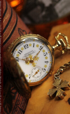金の鎖と十字架の装飾 ウォルサムの金無垢アンティーク懐中時計 【1897年製】-P2324-1