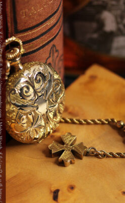 金の鎖と十字架の装飾 ウォルサムの金無垢アンティーク懐中時計 【1897年製】-P2324-12