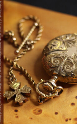 金の鎖と十字架の装飾 ウォルサムの金無垢アンティーク懐中時計 【1897年製】-P2324-14