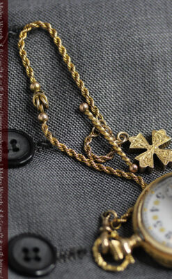 金の鎖と十字架の装飾 ウォルサムの金無垢アンティーク懐中時計 【1897年製】-P2324-25