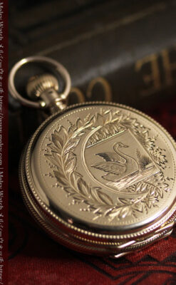 水鳥と植物の彫り エルジンの金無垢懐中時計 【1886年頃】-P2327-3