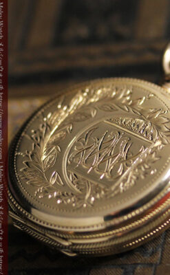 水鳥と植物の彫り エルジンの金無垢懐中時計 【1886年頃】-P2327-5