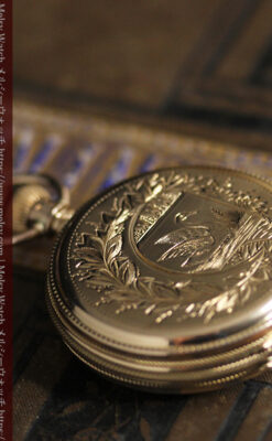 水鳥と植物の彫り エルジンの金無垢懐中時計 【1886年頃】-P2327-6