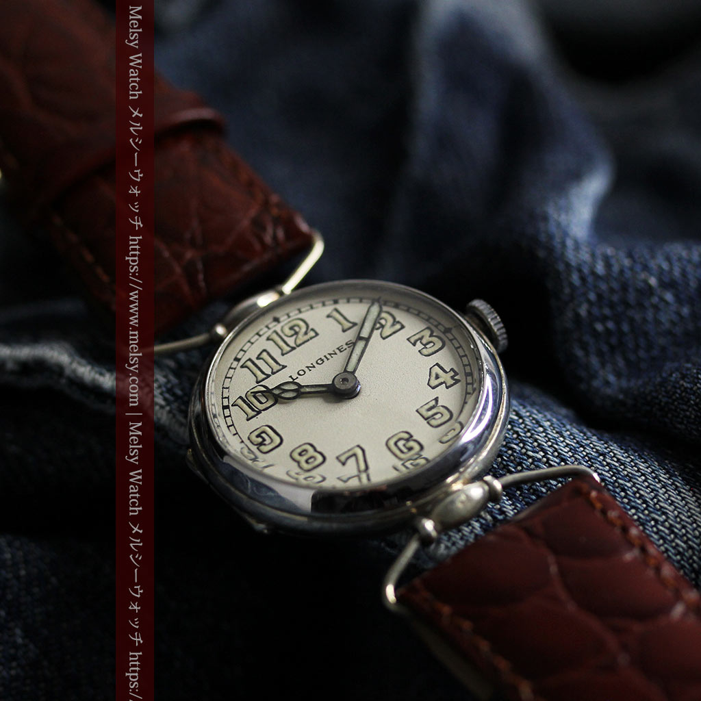 ロンジンの銀無垢アンティーク腕時計 【1914年製】幅広バンド