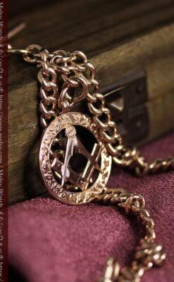 フリーメイソンの飾り付き アンティーク金無垢懐中時計チェーン【コンパスと定規】-C0502-11