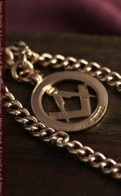 フリーメイソンの飾り付き アンティーク金無垢懐中時計チェーン【コンパスと定規】-C0502-12