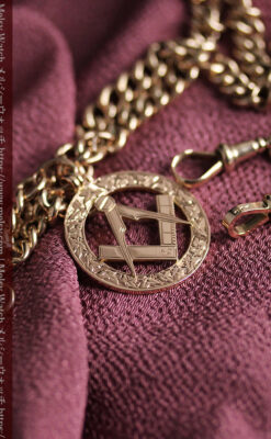 フリーメイソンの飾り付き アンティーク金無垢懐中時計チェーン【コンパスと定規】-C0502-13