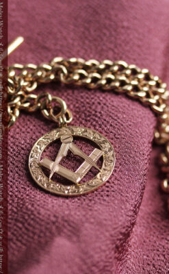 フリーメイソンの飾り付き アンティーク金無垢懐中時計チェーン【コンパスと定規】-C0502-14