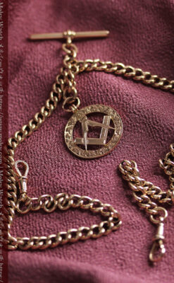 フリーメイソンの飾り付き アンティーク金無垢懐中時計チェーン【コンパスと定規】-C0502-16