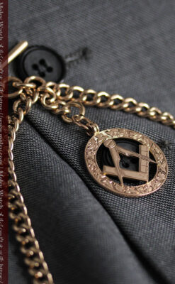 フリーメイソンの飾り付き アンティーク金無垢懐中時計チェーン【コンパスと定規】-C0502-7