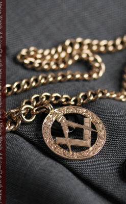 フリーメイソンの飾り付き アンティーク金無垢懐中時計チェーン【コンパスと定規】-C0502-8