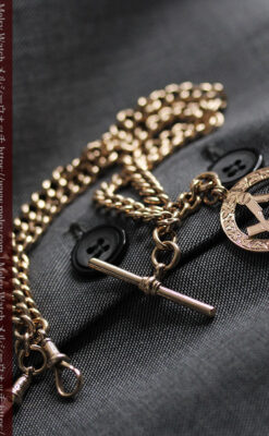 フリーメイソンの飾り付き アンティーク金無垢懐中時計チェーン【コンパスと定規】-C0502-9