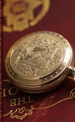 鷺/水鳥と花の彫り ウォルサムの金無垢懐中時計 【1887年頃】-P2328-11