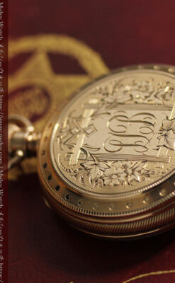 鷺/水鳥と花の彫り ウォルサムの金無垢懐中時計 【1887年頃】-P2328-13