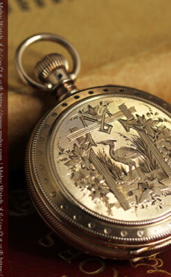 鷺/水鳥と花の彫り ウォルサムの金無垢懐中時計 【1887年頃】-P2328-16