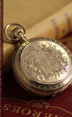 鷺/水鳥と花の彫り ウォルサムの金無垢懐中時計 【1887年頃】-P2328-17