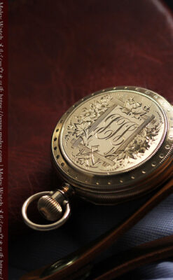 鷺/水鳥と花の彫り ウォルサムの金無垢懐中時計 【1887年頃】-P2328-2