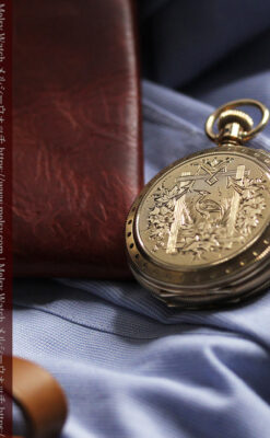 鷺/水鳥と花の彫り ウォルサムの金無垢懐中時計 【1887年頃】-P2328-6