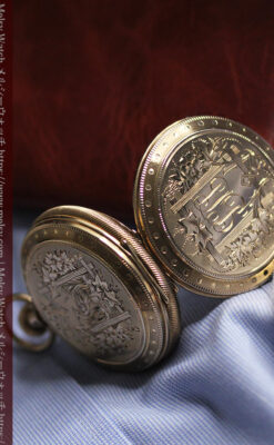 鷺/水鳥と花の彫り ウォルサムの金無垢懐中時計 【1887年頃】-P2328-7