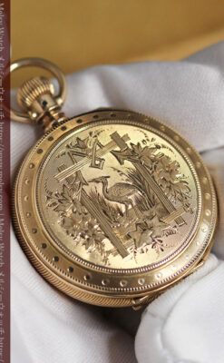 鷺/水鳥と花の彫り ウォルサムの金無垢懐中時計 【1887年頃】-P2328-8