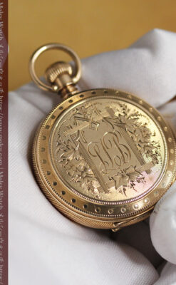鷺/水鳥と花の彫り ウォルサムの金無垢懐中時計 【1887年頃】-P2328-9