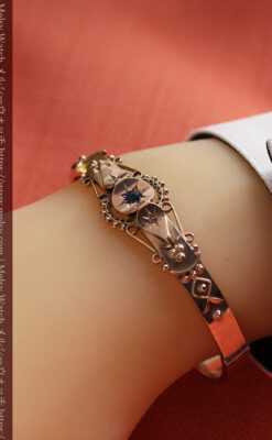 サファイアとダイヤの金無垢アンティークバングル・ブレスレット 【1906年頃】-A0309-22