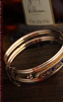 青い宝石とダイヤの金無垢アンティークバングル・ブレスレット 【1910年頃】-A0310-10