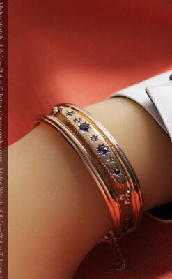 青い宝石とダイヤの金無垢アンティークバングル・ブレスレット 【1910年頃】-A0310-20