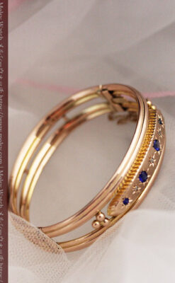 青い宝石とダイヤの金無垢アンティークバングル・ブレスレット 【1910年頃】-A0310-4