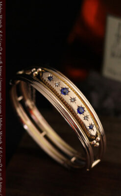 青い宝石とダイヤの金無垢アンティークバングル・ブレスレット 【1910年頃】-A0310-5