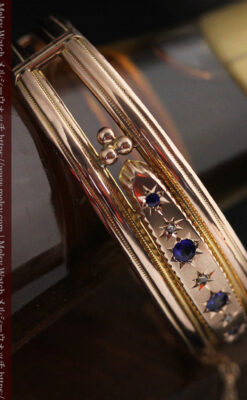 青い宝石とダイヤの金無垢アンティークバングル・ブレスレット 【1910年頃】-A0310-8