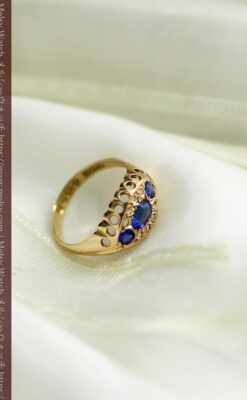 青い宝石とダイヤの18金無垢アンティークリング・指輪【1918年頃】箱付き-A0315-1