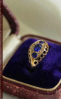 青い宝石とダイヤの18金無垢アンティークリング・指輪【1918年頃】箱付き-A0315-10