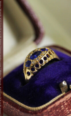 青い宝石とダイヤの18金無垢アンティークリング・指輪【1918年頃】箱付き-A0315-11