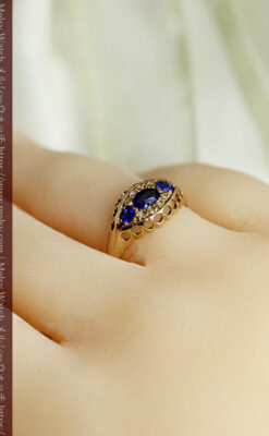 青い宝石とダイヤの18金無垢アンティークリング・指輪【1918年頃】箱付き-A0315-15