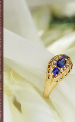 青い宝石とダイヤの18金無垢アンティークリング・指輪【1918年頃】箱付き-A0315-5