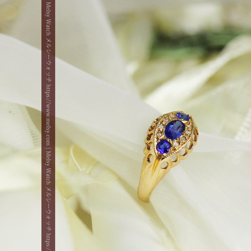 青い宝石とダイヤの18金無垢アンティーク指輪【1918年頃】