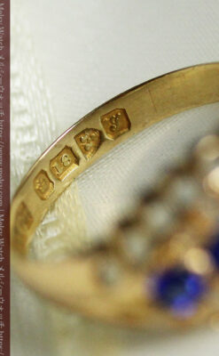 青い宝石とダイヤの18金無垢アンティークリング・指輪【1918年頃】箱付き-A0315-8