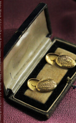 花と葉の模様彫り 金無垢アンティークカフス【1923年頃】箱付き-A0318-11