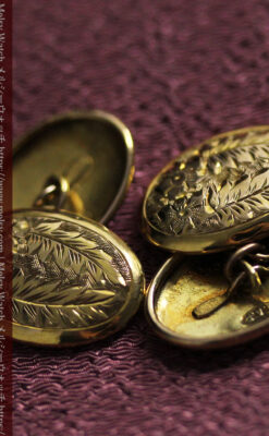 花と葉の模様彫り 金無垢アンティークカフス【1923年頃】箱付き-A0318-8