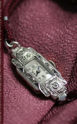 美しきアンティーク 18金無垢グリュエンの女性用腕時計 【1938年頃】ダイヤモンドと青い宝石-W1564-11