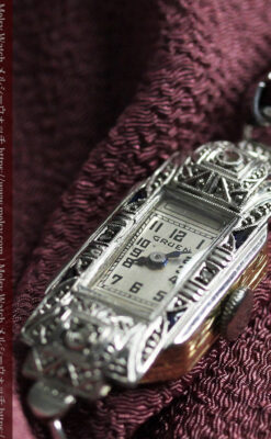 美しきアンティーク 18金無垢グリュエンの女性用腕時計 【1938年頃】ダイヤモンドと青い宝石-W1564-13