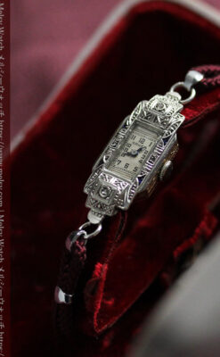 美しきアンティーク 18金無垢グリュエンの女性用腕時計 【1938年頃】ダイヤモンドと青い宝石-W1564-20