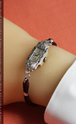 美しきアンティーク 18金無垢グリュエンの女性用腕時計 【1938年頃】ダイヤモンドと青い宝石-W1564-25