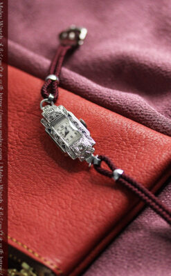 美しきアンティーク 18金無垢グリュエンの女性用腕時計 【1938年頃】ダイヤモンドと青い宝石-W1564-5