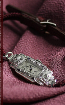 美しきアンティーク 18金無垢グリュエンの女性用腕時計 【1938年頃】ダイヤモンドと青い宝石-W1564-7