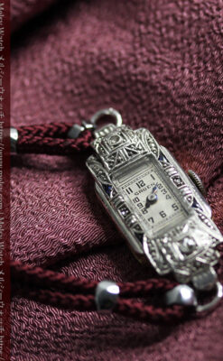 美しきアンティーク 18金無垢グリュエンの女性用腕時計 【1938年頃】ダイヤモンドと青い宝石-W1564-9