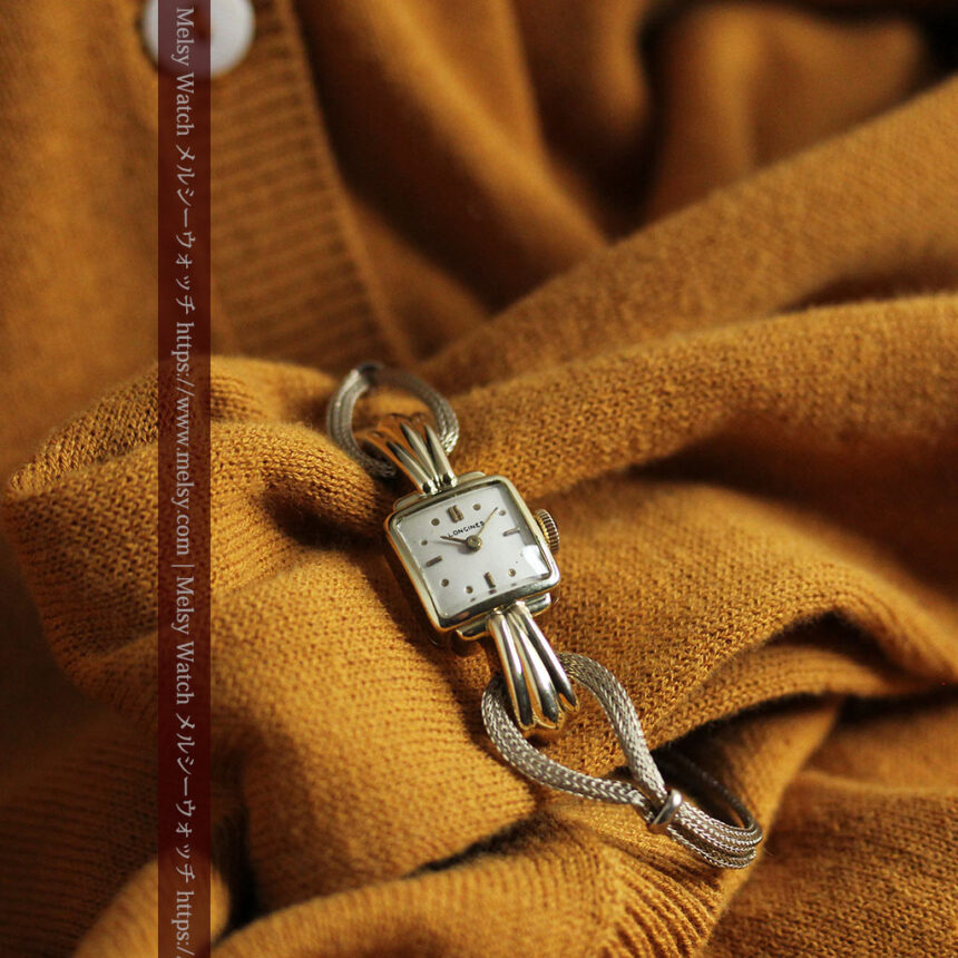 特徴あるブレスのような金無垢 ロンジンの女性用アンティーク腕時計 【1949年製】-W1565-1
