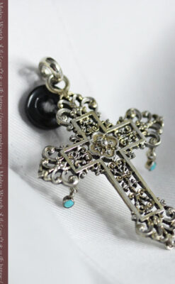 ターコイズとの色合わせが綺麗な銀無垢アンティーククロス・十字架-A0326-13